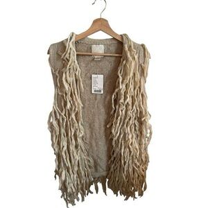 Anthropologie Fringed Knit Sleeveless Cardigan Vest in Beige/Tan